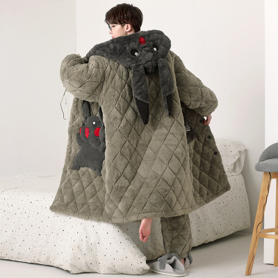 男士睡衣冬季珊瑚绒夹棉加厚加绒青少年睡袍可外穿卡通家居服套装