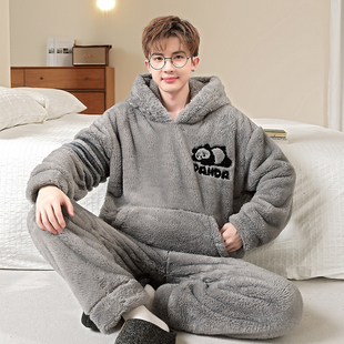 加厚卡通休闲连帽保暖青少年家居服套装 珊瑚绒冬季 睡衣秋冬款 男士