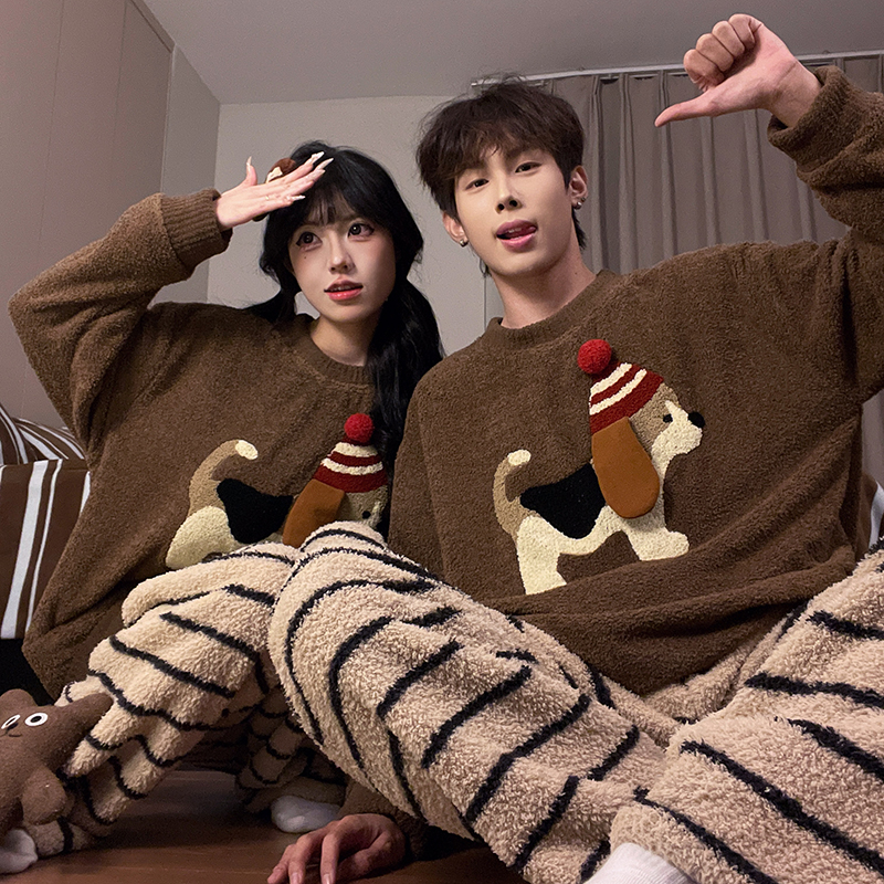 情侣睡衣秋冬款半边绒冬季法兰绒卡通小狗圆领可外穿学院风家居服