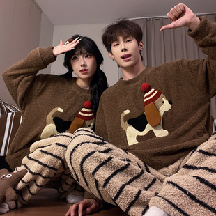 情侣睡衣秋冬款 法兰绒卡通小狗圆领可外穿学院风家居服 半边绒冬季