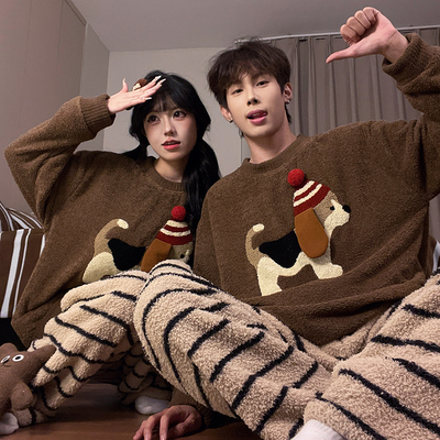情侣睡衣秋冬款半边绒冬季法兰绒卡通小狗圆领可外穿学院风家居服