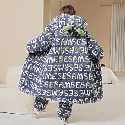 男士睡衣秋冬季珊瑚绒加厚加绒冬季三层夹棉睡袍中长款家居服套装