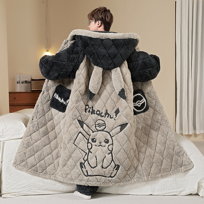 男士睡衣秋冬季珊瑚绒加厚加绒冬季三层夹棉睡袍中长款家居服套装