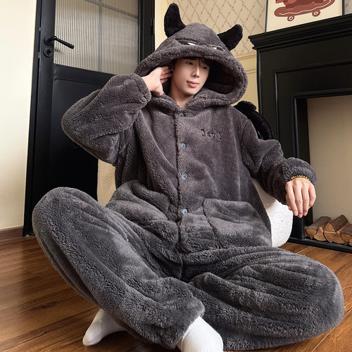 男士睡衣秋冬款珊瑚绒冬季加厚加绒卡通青少年开衫连帽家居服套装