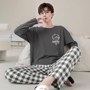 睡衣春秋季 休闲可外穿青少年家居服学生套装 纯棉长袖 大码 薄款 男士