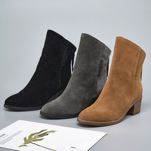 德芙琳短靴子女真鹿皮粗跟高跟圆头短筒磨砂春秋季 单靴 2024新款