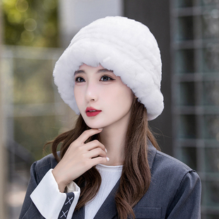 獭兔毛帽子秋冬款加厚保暖防寒毛线帽显脸小皮草护耳女士渔夫帽子