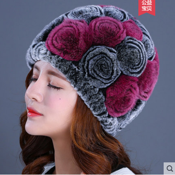 獭兔毛玫瑰花帽子女士秋冬季韩版中老年妈妈皮草帽子女士保暖新款