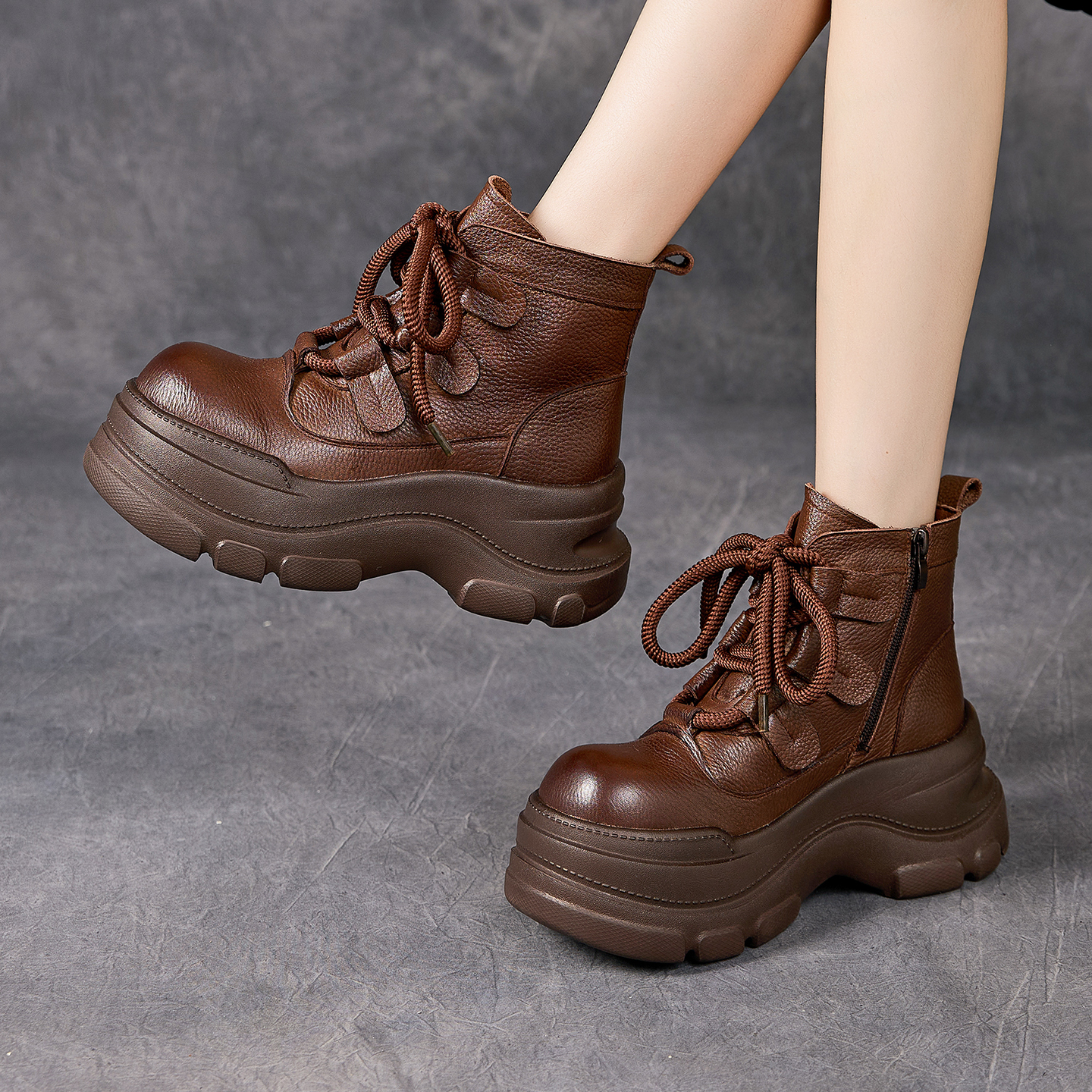 马丁靴系带加绒真皮大头靴增高女