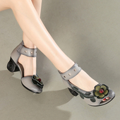 女鞋 品牌夏民族风妈妈鞋 红软底 鱼嘴跳舞鞋 广场舞鞋 凉鞋 真皮舞蹈鞋