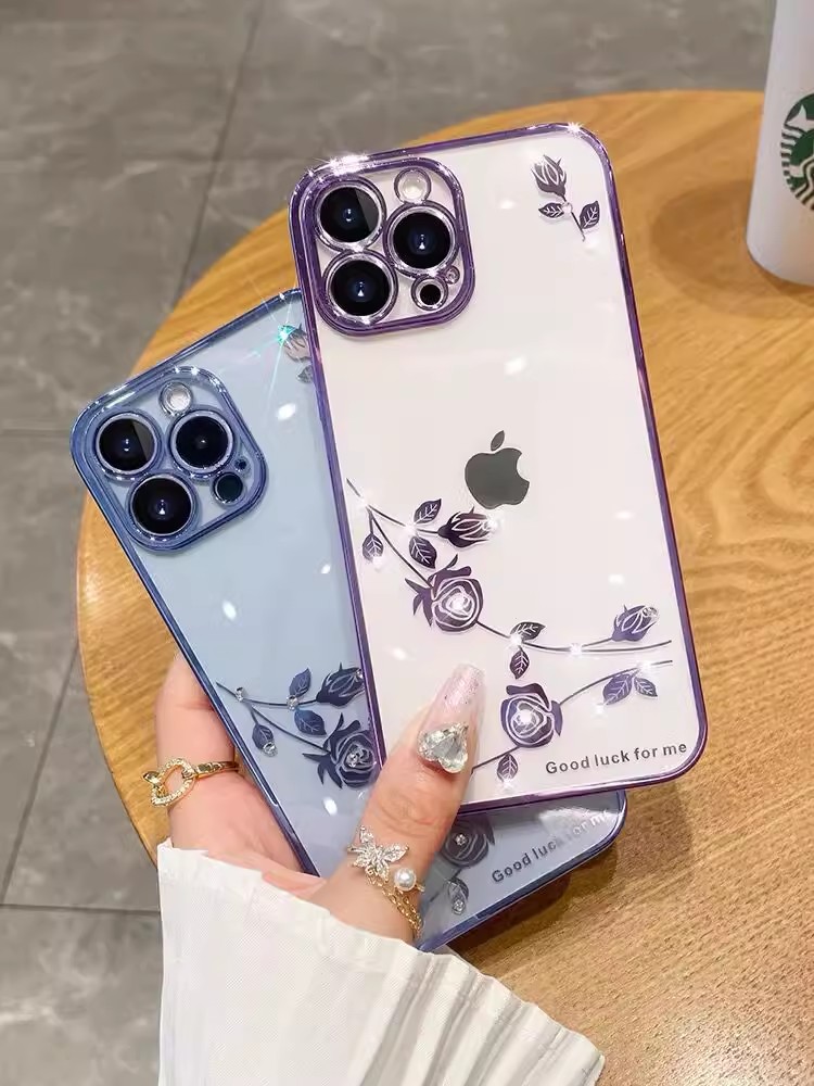 适用苹果16硅胶简约情侣玫瑰水钻