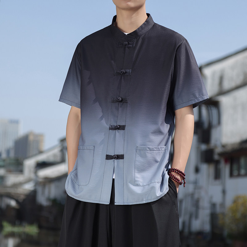 2024风男新款盘扣开衫短袖衬衫414-CS001-P45,男装民族服装,四季星座414
