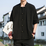 2023风衬衫复古棉麻盘扣短袖衬衣414-H009-P65，男装衬衫，四季星座414