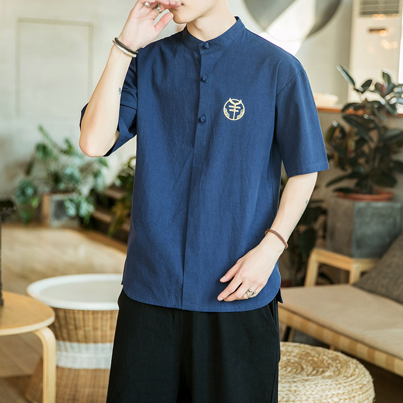 新款宽松风复古盘扣刺绣装饰短袖男衬衫414-C28,男装衬衫,四季星座414