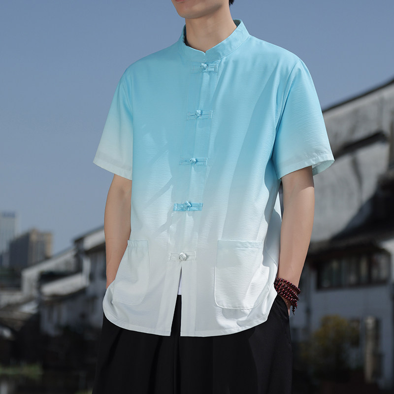 2024新风男新款盘扣开衫短袖衬衫414-CS001-P45,男装民族服装,四季星座414