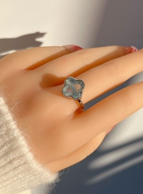 天然海蓝宝戒指四叶草戒指活扣幸运草淡雅清新气质甜美好运礼物女