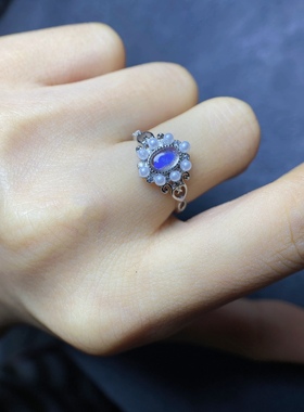 纯天然月光石拉长石戒指活扣可调节蓝光灰月光百搭韩版学生礼物