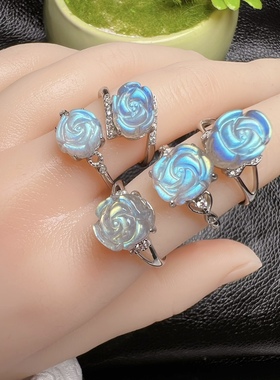 天然月光石玫瑰花戒指灰月光蓝光牡丹花礼物百搭活口大气礼女包邮