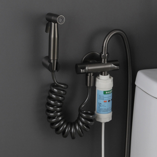 枪灰色一进三出智能马桶喷枪多功能全铜角阀增压三通冲洗喷枪家用