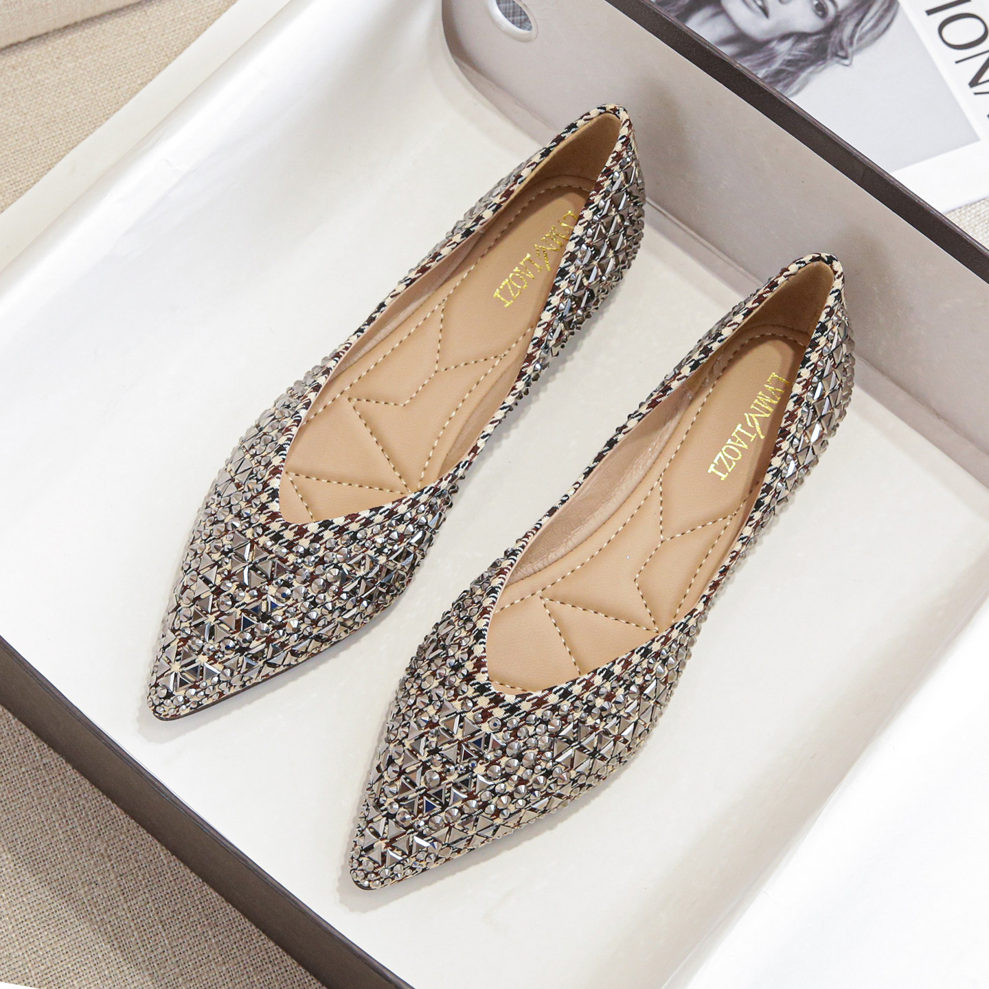 新中式尖头单鞋女夏配裙子绝美法式不累脚水钻平底大码船鞋41到43,女鞋,浅口单鞋,淘宝优惠券,粉丝福利购,淘宝优惠卷