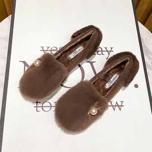 棉鞋 毛毛鞋 加绒大码 女冬外穿2025新款 41到43 一脚蹬兔毛厚底豆豆鞋