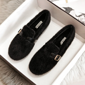 女秋冬外穿厚底小码 豆豆鞋 女加绒保暖兔毛棉瓢鞋 毛毛鞋 大码 41到43