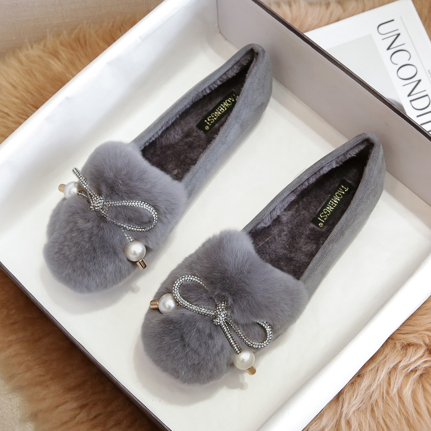 豆豆鞋女冬加绒厚底兔毛棉鞋小码33 34外穿毛毛鞋女大码41到43秋