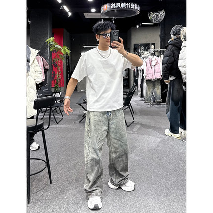 潮牌春季纯色短袖T恤男ins宽松圆领上衣全棉重磅简约青年半袖潮T