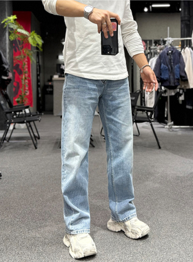 2026春季新款韩系复古水洗直筒牛仔裤男宽松蓝色长裤休闲百搭日常