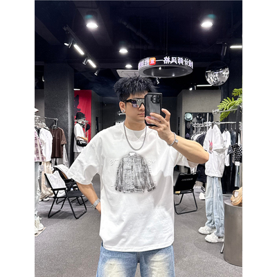 夏季潮牌小众印花落肩宽松T恤