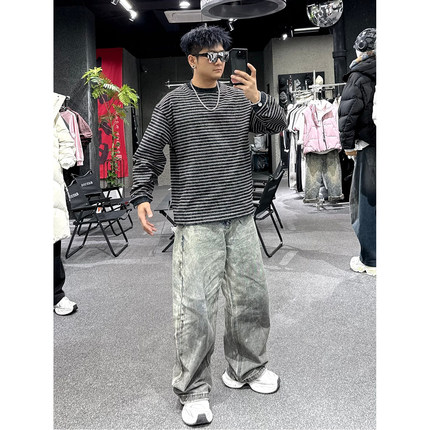 潮牌春秋全棉重磅长袖T恤男ins美式复古条纹撞色宽松青年帅气上衣