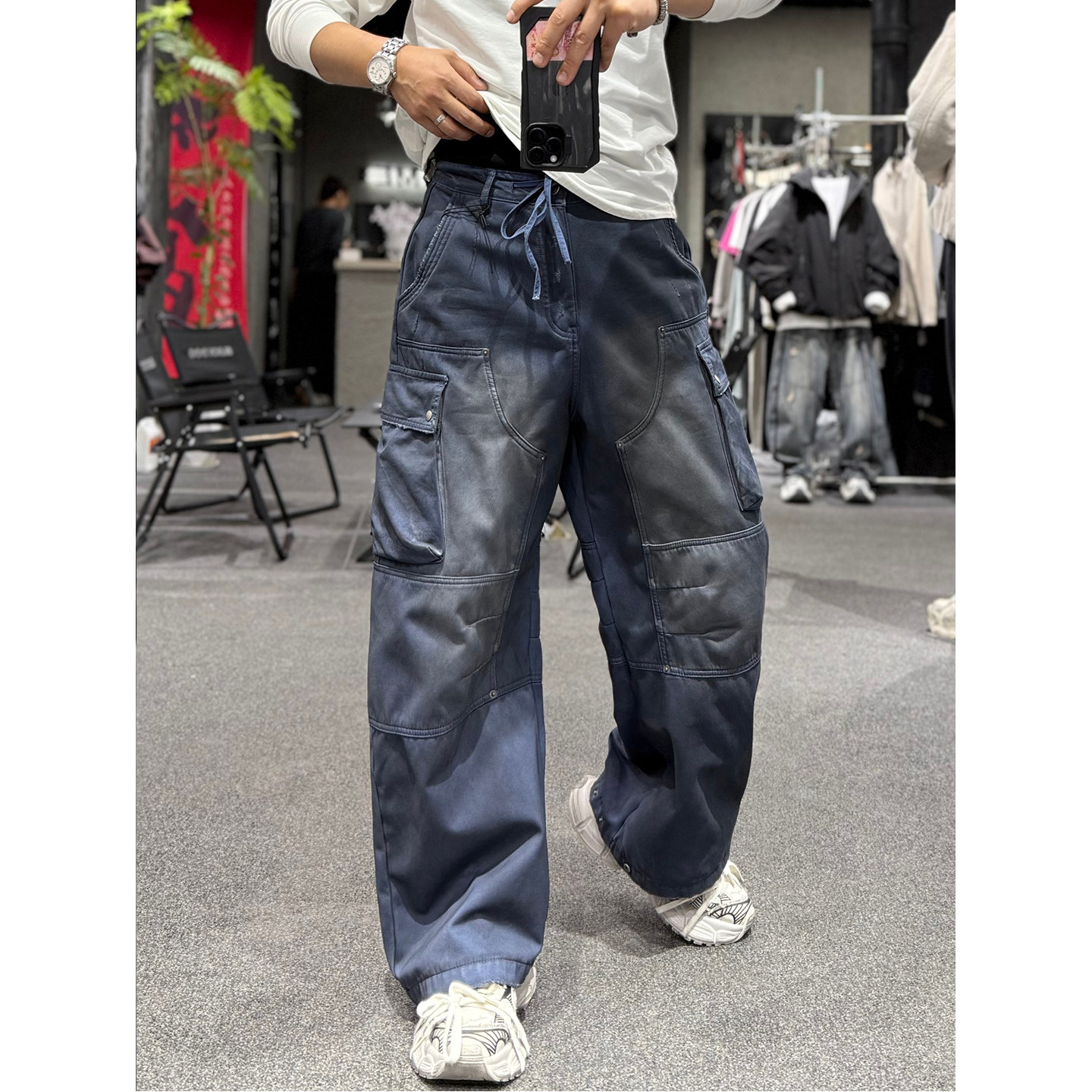 2026春新款潮牌美式高街水洗做旧直筒牛仔裤男痞帅工装复古阔腿裤