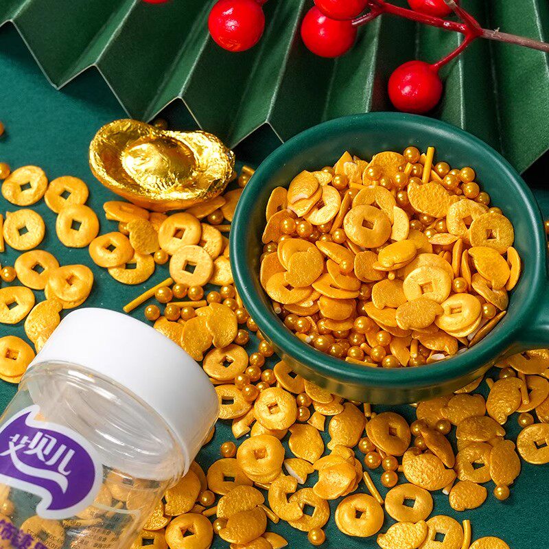 财源滚滚金色装饰糖珠蛋糕装饰点缀金色铜钱元宝糖珠糖针