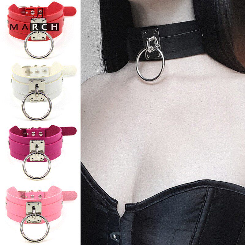 小众原宿宽PU皮质辣妹项圈脖套街拍夜店狂野O形项链颈脖链choker