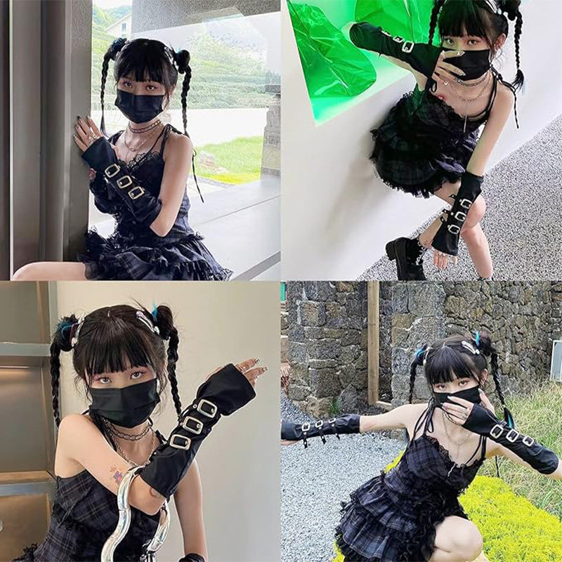 Y2K千禧日系原宿袖套女黑色半截露指手套金属扣暗朋克防晒手ins潮