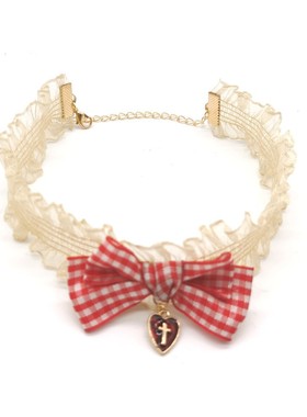 手作甜洛丽塔暖白蕾丝红格子草莓蝴蝶结爱心吊坠choker脖项圈项链
