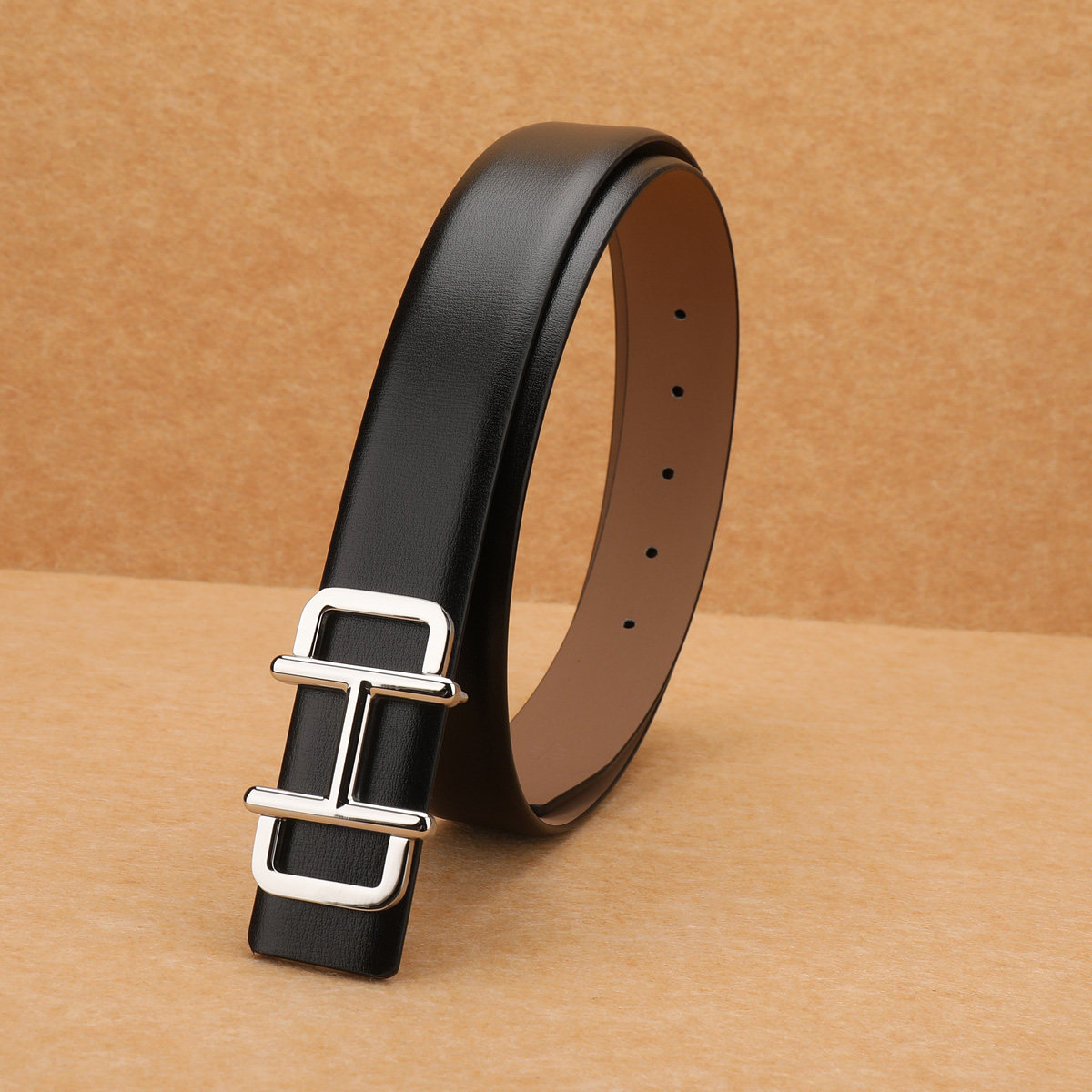 不锈钢牛皮皮带男H字母休闲商务平滑扣腰带 男真皮青中年男士裤带