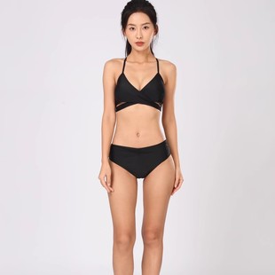 模特显腿长 泳衣女性感黑色小胸聚拢三点式 服表艺考比基尼泳装 新款