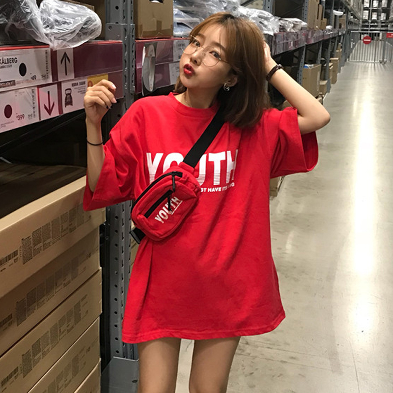 夏装女装韩版中长款bf风宽松字母短袖T恤原宿风五分袖上衣+斜挎包