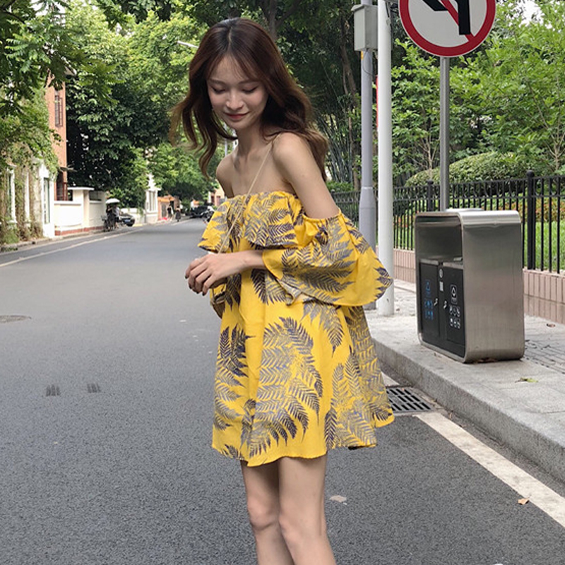 夏装女装韩版气质甜美荷叶边一字肩露肩中长款抹胸显瘦连衣裙短裙