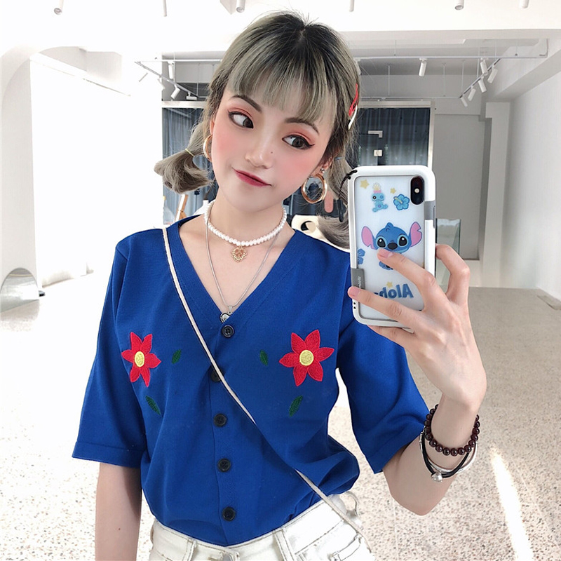 夏季女装韩版刺绣小红花V领冰丝针织衫短袖显瘦开衫T恤上衣学生潮