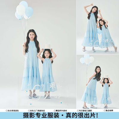 全家福蓝色裙子母女亲子装影楼拍照儿童摄影服装女童生日写真照