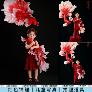 新年锦鲤儿童摄影服装新中式红色旗袍主题女童中国风写真影楼拍照