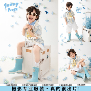儿童摄影服装蓝色蝴蝶花朵生日照影楼拍照道具男女宝宝写真艺术照