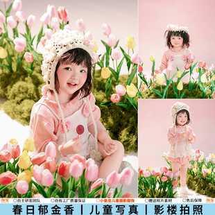 春天粉色花朵主题百天照宝宝艺术影楼拍照 女童周岁照儿童摄影服装