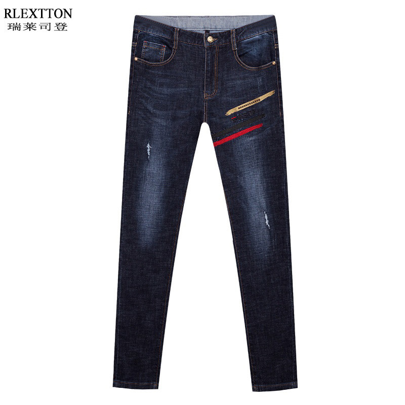 欧美潮流品牌牛仔裤男裤长裤子直筒修身小直脚破洞男装裤刮烂夏季
