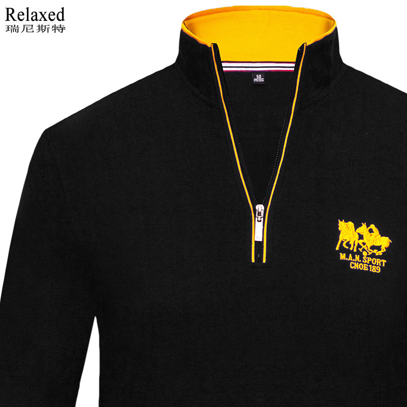 马年polo衫男装立领拉链长袖T恤男半高领打底T秋冬季宽松体恤上衣