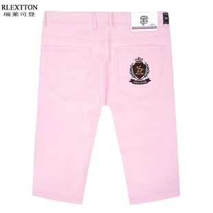 夏季男裤子中裤休闲五分裤高端刺绣短裤薄款透气沙滩裤粉红色潮流