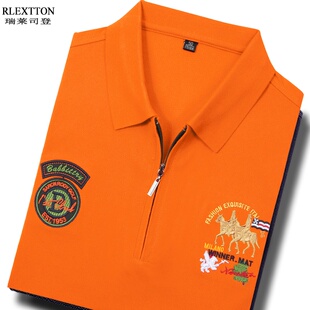夏季短袖半拉链T恤男装高档翻领POLO衫丝光棉薄款上衣服橙色橘色