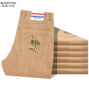 高档灯芯绒男裤子条绒裤高端刺绣直筒长裤卡其色商务休闲裤秋冬厚